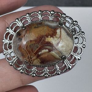 Vintage Crazy Lace Polished Agate Stone Brooch Pin Stainless Steel Frame‎ 1.25"